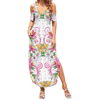 Hawaii Palaka Summer Maxi Dress White Tribal Pattern With Tropical Flowers - Polynesian Pride