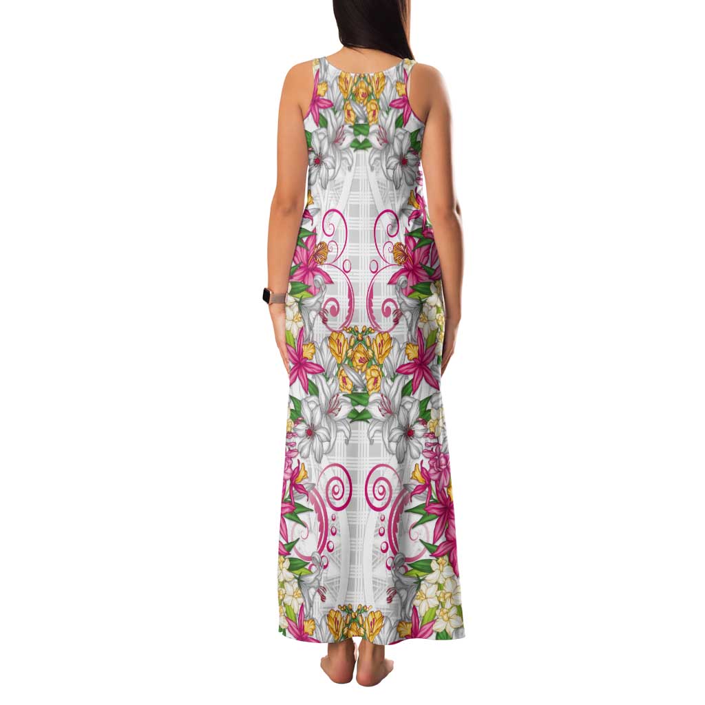 Hawaii Palaka Tank Maxi Dress White Tribal Pattern With Tropical Flowers - Polynesian Pride