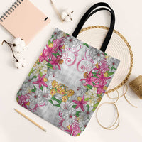 Hawaii Palaka Tote Bag White Tribal Pattern With Tropical Flowers - Polynesian Pride