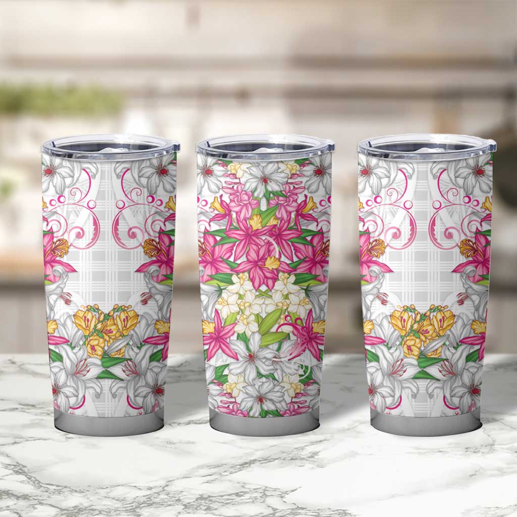 Hawaii Palaka Tumbler Cup White Tribal Pattern With Tropical Flowers - Polynesian Pride