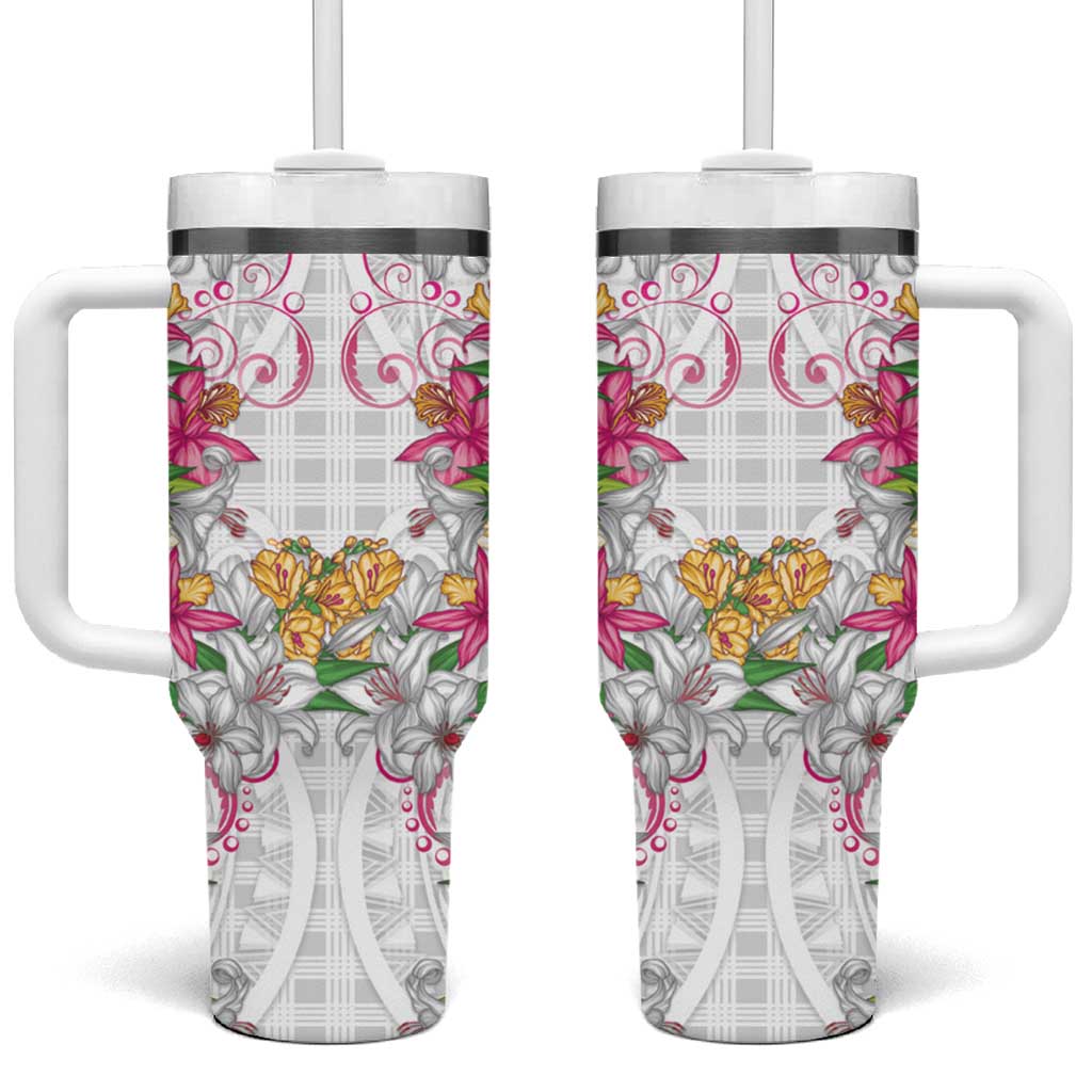 Hawaii Palaka Tumbler With Handle White Tribal Pattern With Tropical Flowers - Polynesian Pride