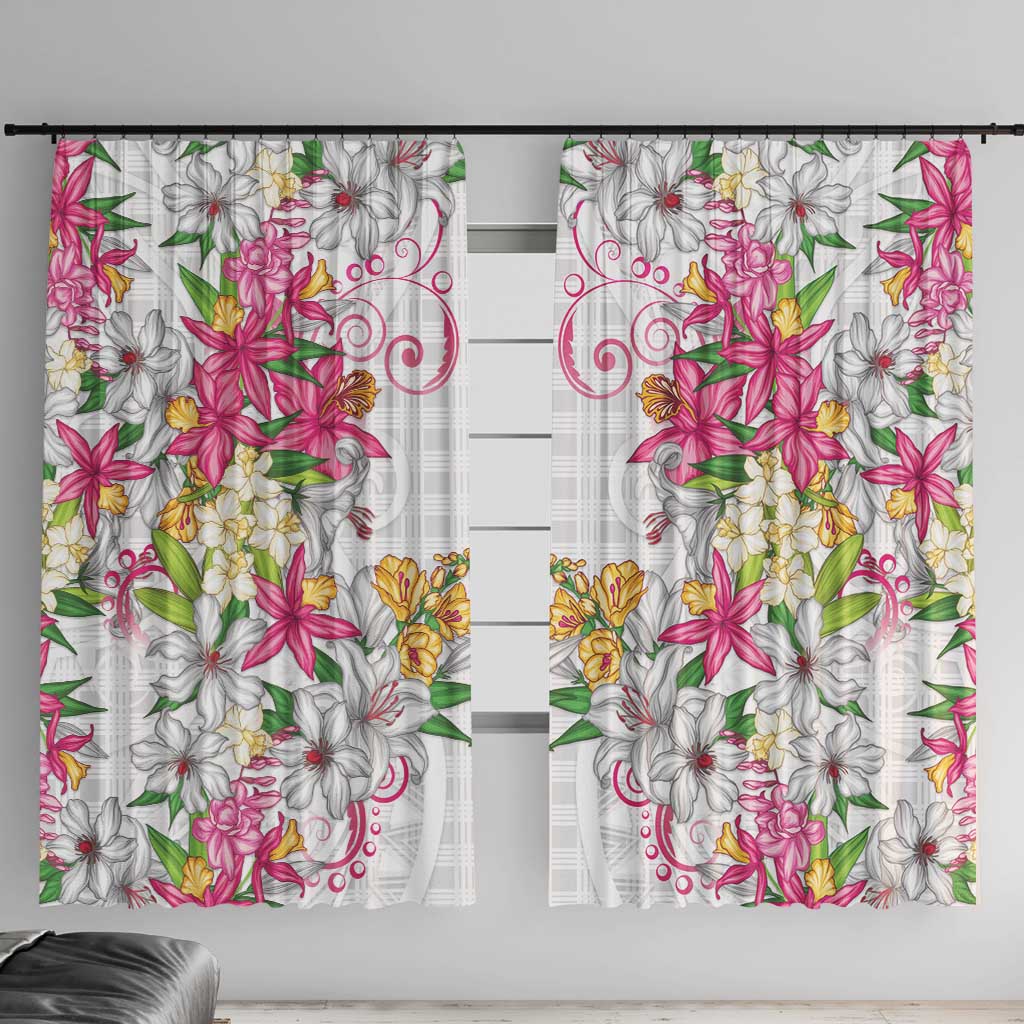 Hawaii Palaka Window Curtain White Tribal Pattern With Tropical Flowers - Polynesian Pride