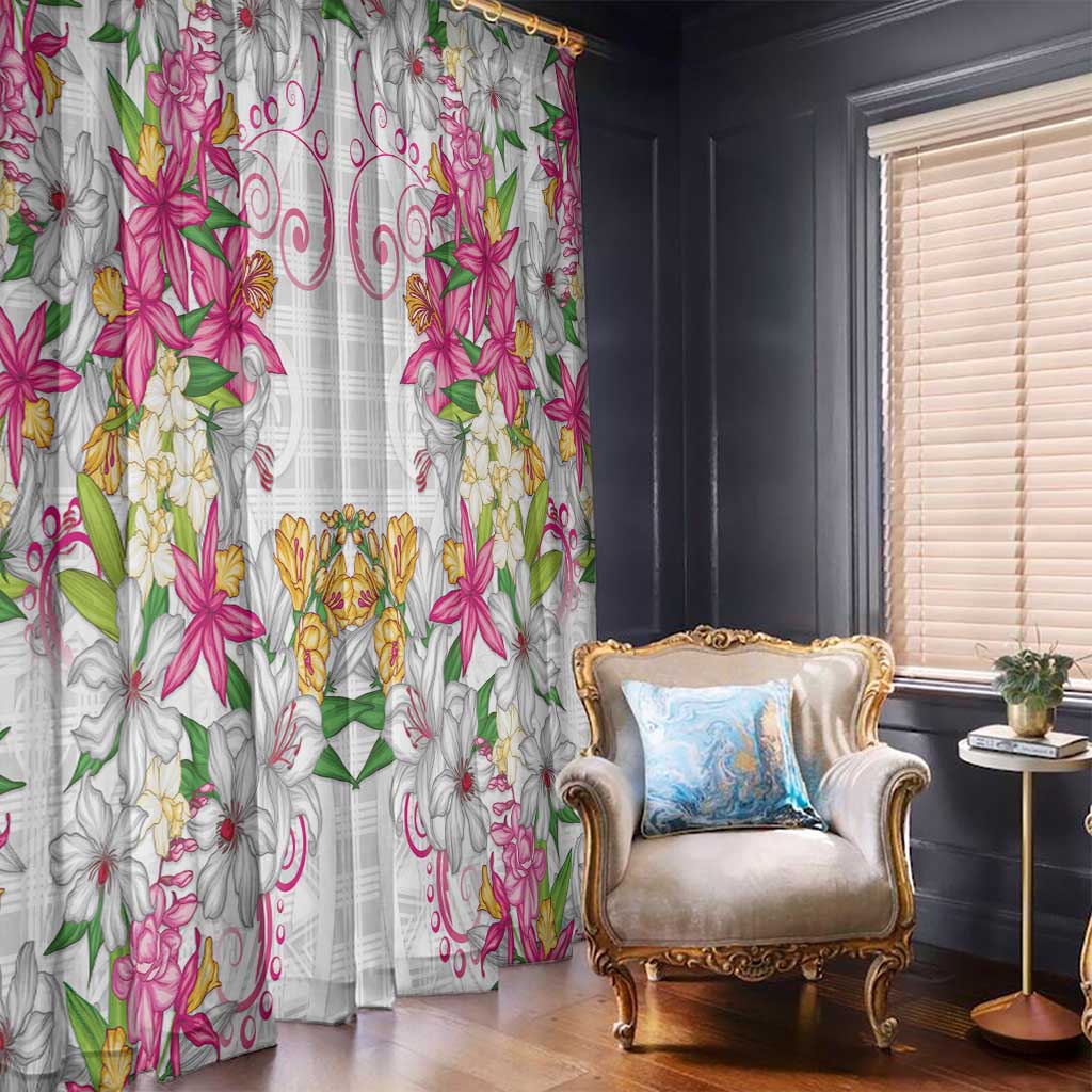 Hawaii Palaka Window Curtain White Tribal Pattern With Tropical Flowers - Polynesian Pride