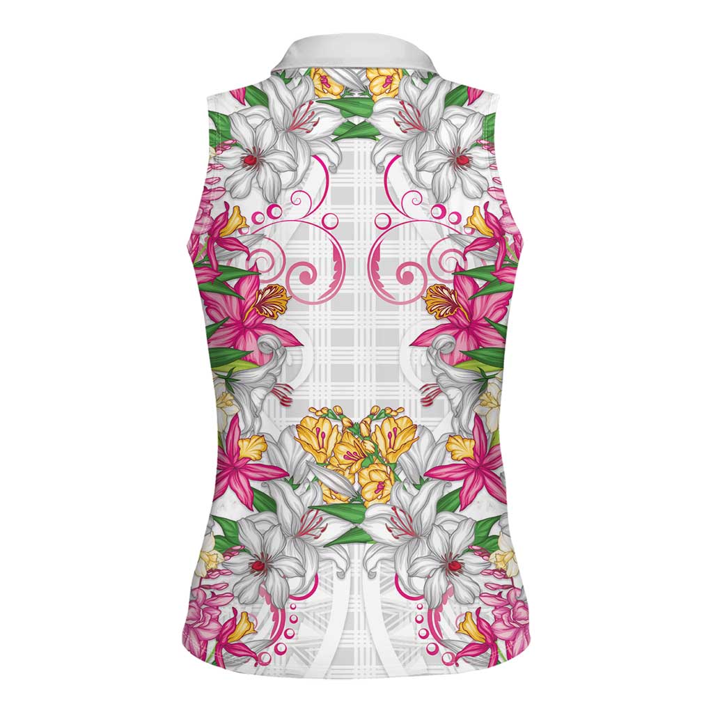 Hawaii Palaka Women Sleeveless Polo Shirt White Tribal Pattern With Tropical Flowers - Polynesian Pride