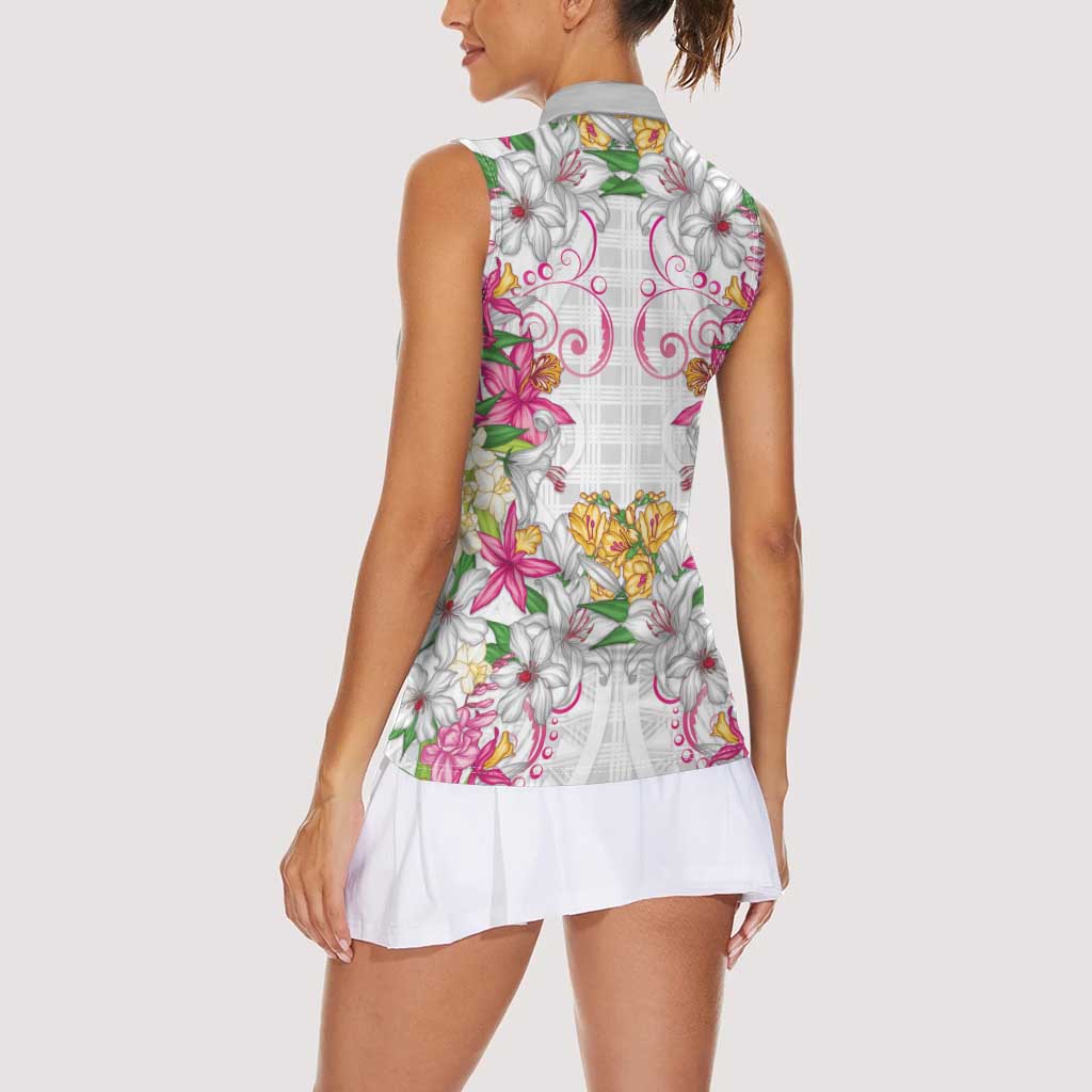 Hawaii Palaka Women Sleeveless Polo Shirt White Tribal Pattern With Tropical Flowers - Polynesian Pride