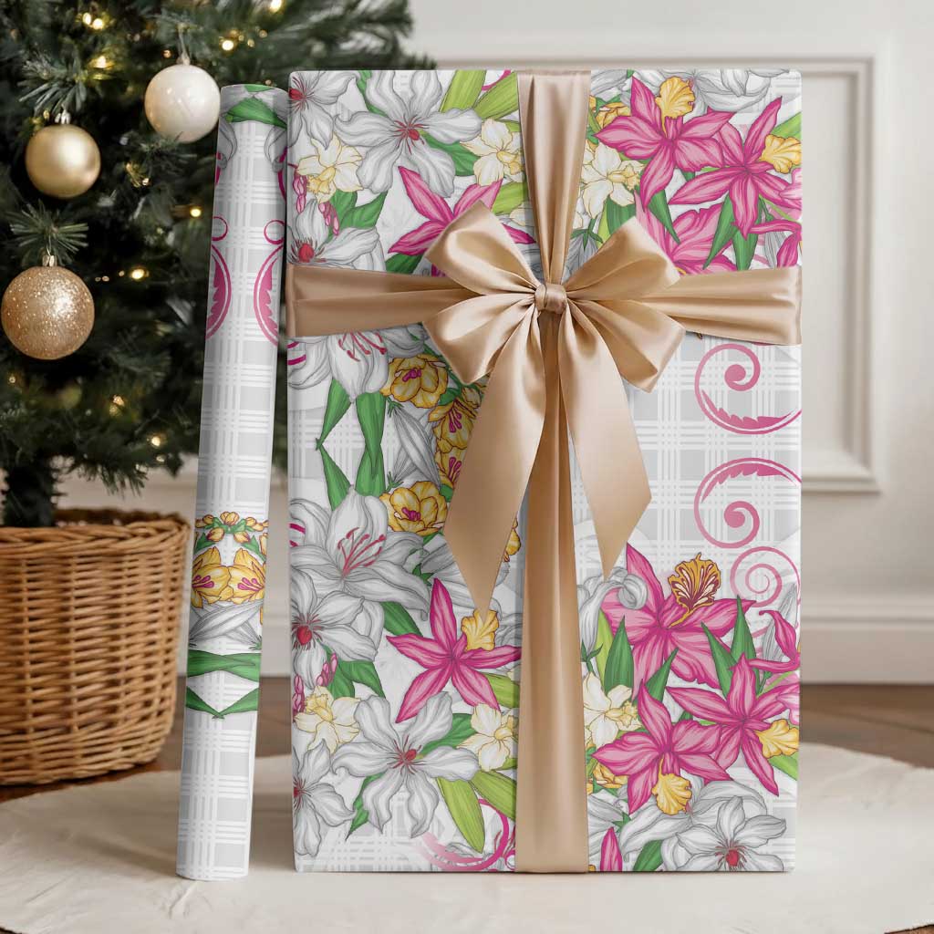 Hawaii Palaka Wrapping Paper White Tribal Pattern With Tropical Flowers - Polynesian Pride