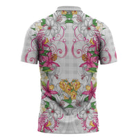 Hawaii Palaka Zipper Polo Shirt White Tribal Pattern With Tropical Flowers - Polynesian Pride