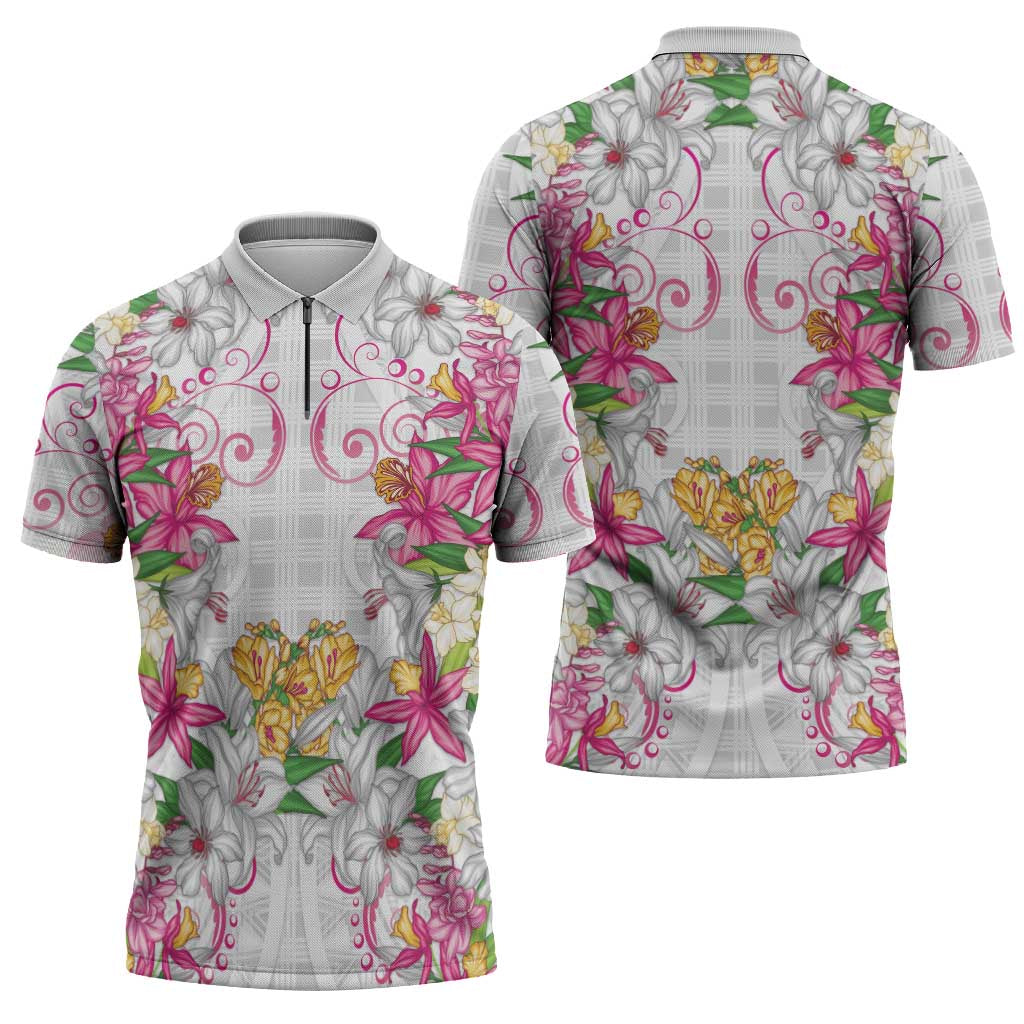 Hawaii Palaka Zipper Polo Shirt White Tribal Pattern With Tropical Flowers - Polynesian Pride