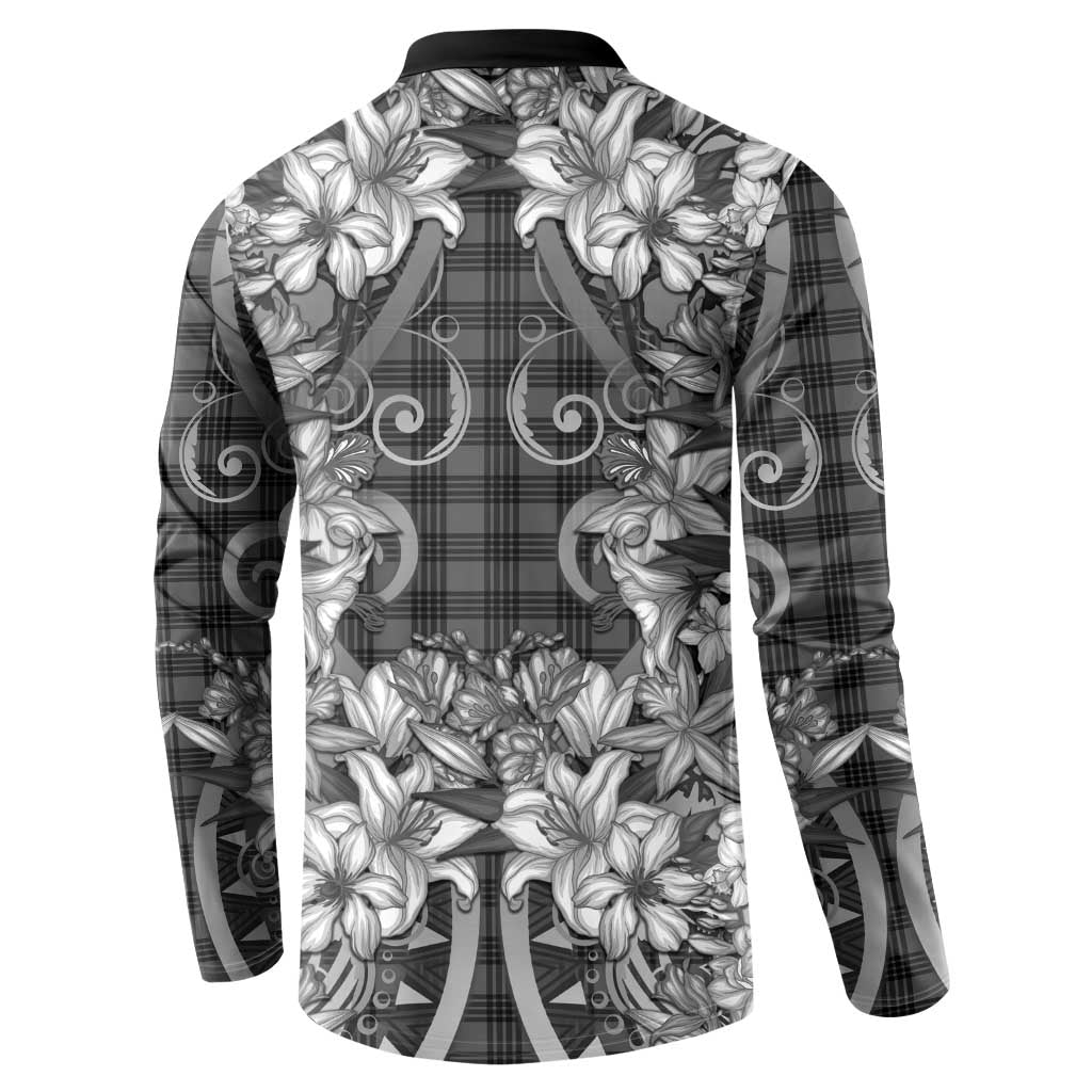 Hawaii Palaka Button Sweatshirt Black Tribal Pattern With Tropical Flowers - Polynesian Pride