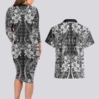 Hawaii Palaka Couples Matching Long Sleeve Bodycon Dress and Hawaiian Shirt Black Tribal Pattern With Tropical Flowers - Polynesian Pride