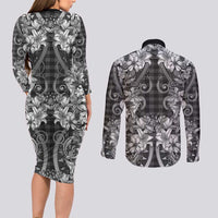 Hawaii Palaka Couples Matching Long Sleeve Bodycon Dress and Long Sleeve Button Shirt Black Tribal Pattern With Tropical Flowers - Polynesian Pride