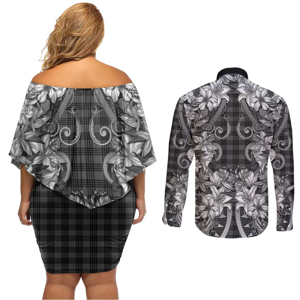 Hawaii Palaka Couples Matching Off Shoulder Short Dress and Long Sleeve Button Shirt Black Tribal Pattern With Tropical Flowers - Polynesian Pride