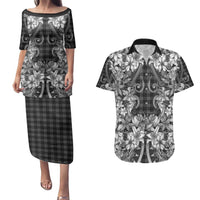 Hawaii Palaka Couples Matching Puletasi and Hawaiian Shirt Black Tribal Pattern With Tropical Flowers - Polynesian Pride