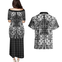 Hawaii Palaka Couples Matching Puletasi and Hawaiian Shirt Black Tribal Pattern With Tropical Flowers - Polynesian Pride