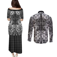 Hawaii Palaka Couples Matching Puletasi and Long Sleeve Button Shirt Black Tribal Pattern With Tropical Flowers - Polynesian Pride