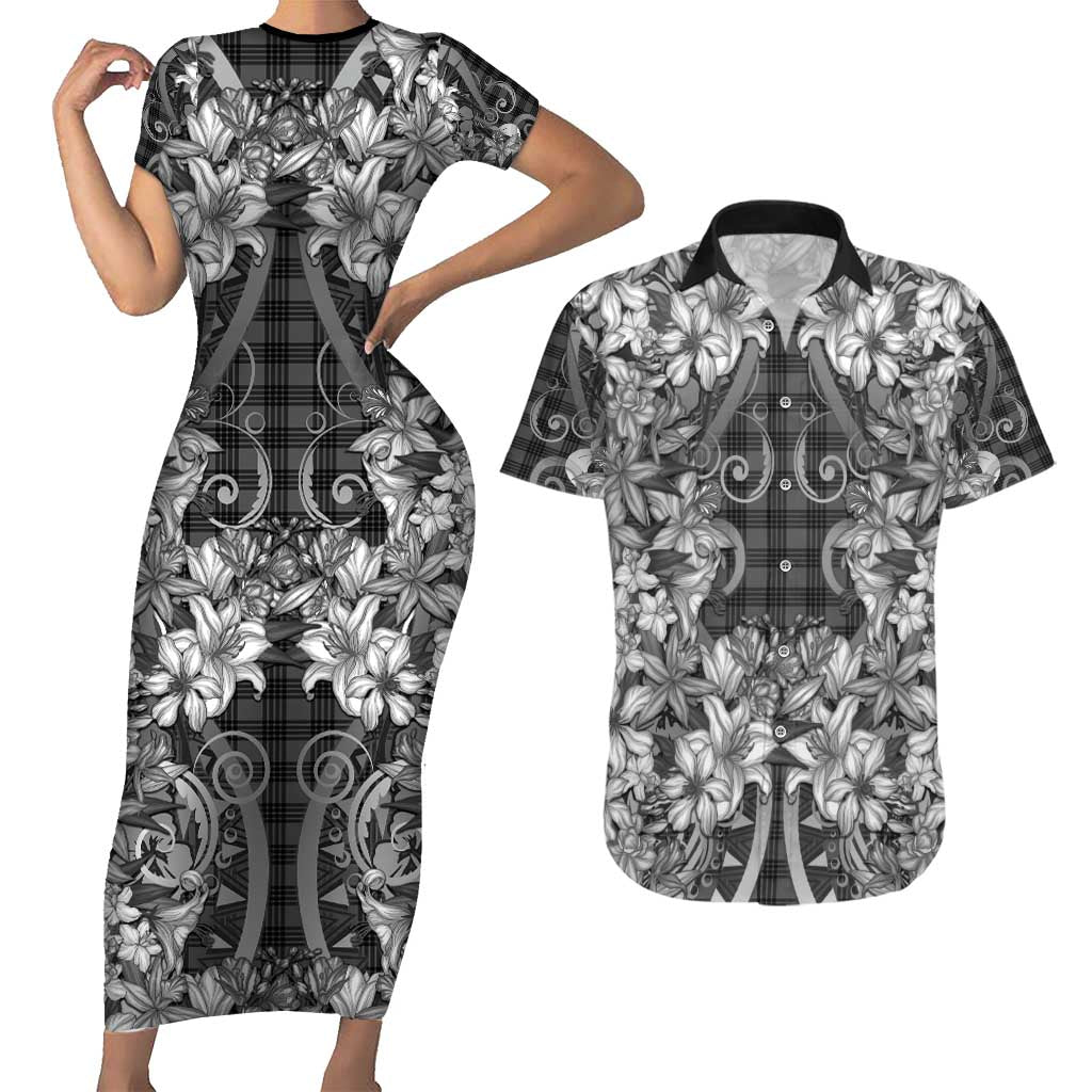 Hawaii Palaka Couples Matching Short Sleeve Bodycon Dress and Hawaiian Shirt Black Tribal Pattern With Tropical Flowers - Polynesian Pride