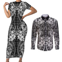 Hawaii Palaka Couples Matching Short Sleeve Bodycon Dress and Long Sleeve Button Shirt Black Tribal Pattern With Tropical Flowers - Polynesian Pride