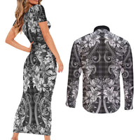 Hawaii Palaka Couples Matching Short Sleeve Bodycon Dress and Long Sleeve Button Shirt Black Tribal Pattern With Tropical Flowers - Polynesian Pride