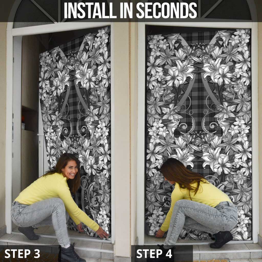 Hawaii Palaka Door Cover Black Tribal Pattern With Tropical Flowers - Polynesian Pride