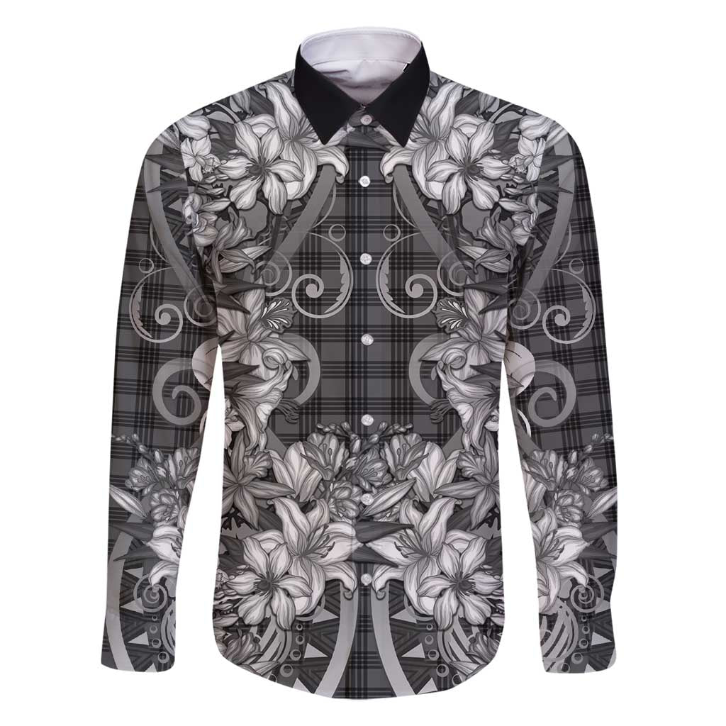 Hawaii Palaka Family Matching Long Sleeve Bodycon Dress and Hawaiian Shirt Black Tribal Pattern With Tropical Flowers - Polynesian Pride