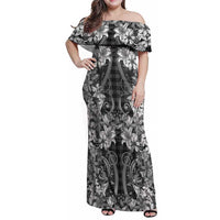 Hawaii Palaka Family Matching Off Shoulder Maxi Dress and Hawaiian Shirt Black Tribal Pattern With Tropical Flowers - Polynesian Pride