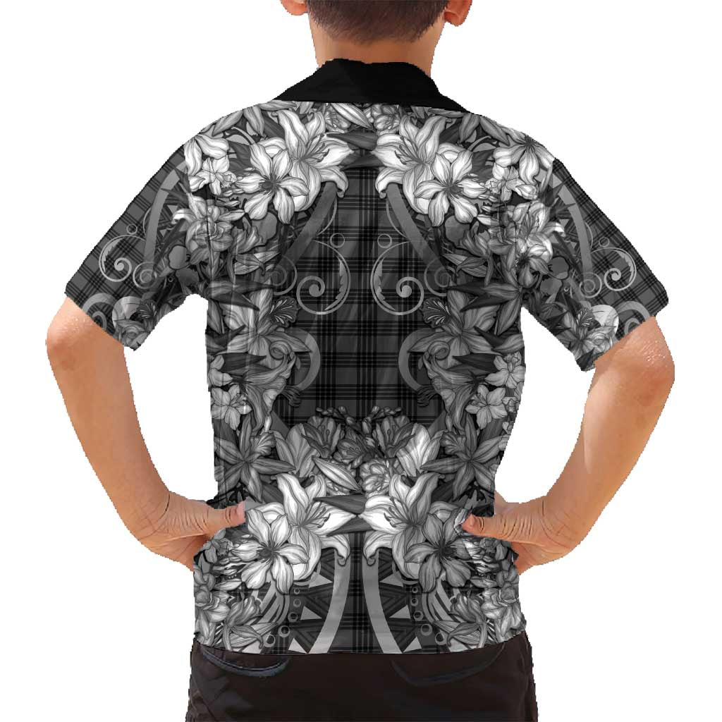 Hawaii Palaka Family Matching Off Shoulder Short Dress and Hawaiian Shirt Black Tribal Pattern With Tropical Flowers - Polynesian Pride