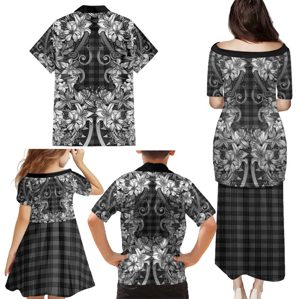 Hawaii Palaka Family Matching Puletasi and Hawaiian Shirt Black Tribal Pattern With Tropical Flowers - Polynesian Pride