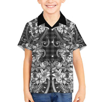 Hawaii Palaka Family Matching Puletasi and Hawaiian Shirt Black Tribal Pattern With Tropical Flowers - Polynesian Pride