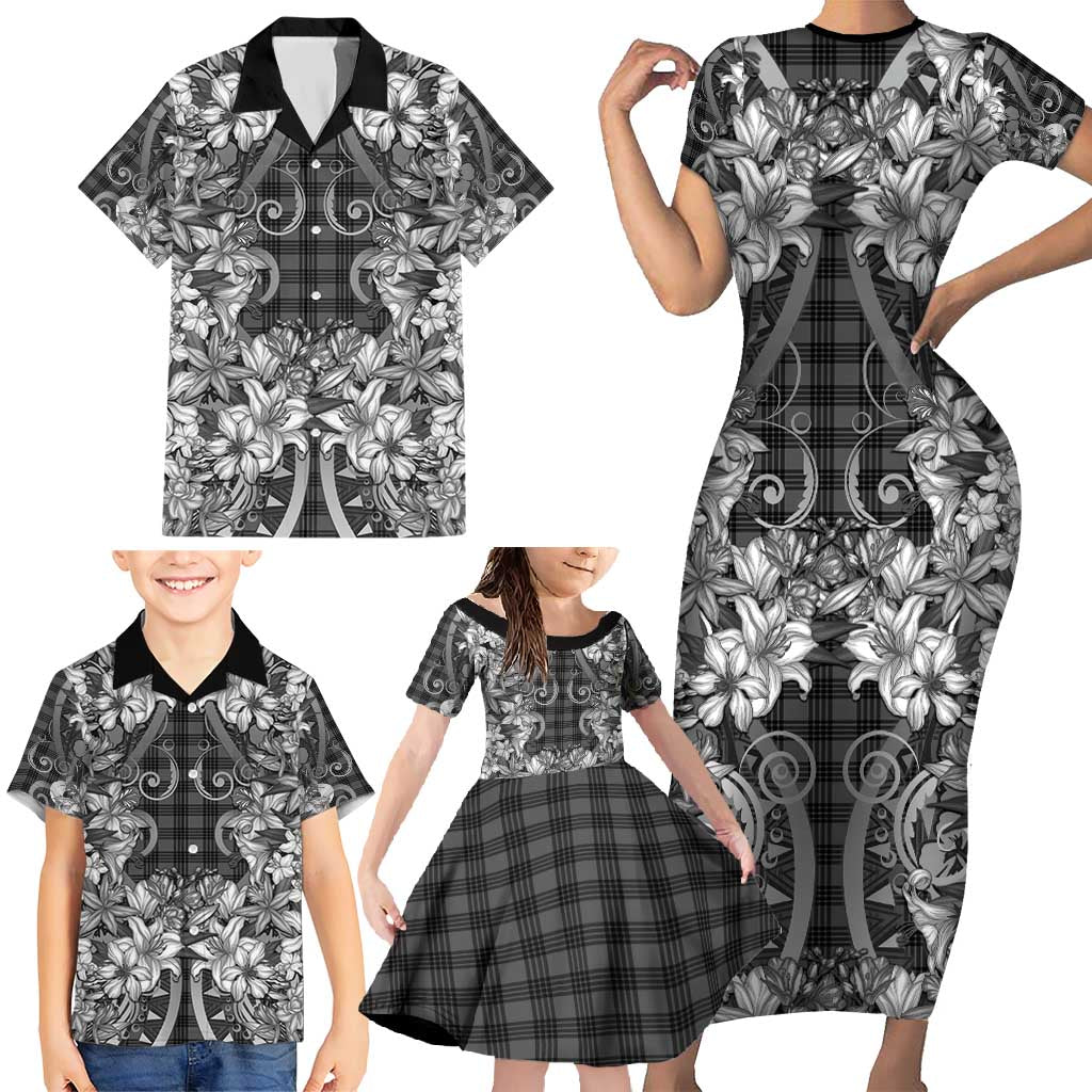 Hawaii Palaka Family Matching Short Sleeve Bodycon Dress and Hawaiian Shirt Black Tribal Pattern With Tropical Flowers - Polynesian Pride