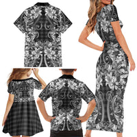 Hawaii Palaka Family Matching Short Sleeve Bodycon Dress and Hawaiian Shirt Black Tribal Pattern With Tropical Flowers - Polynesian Pride
