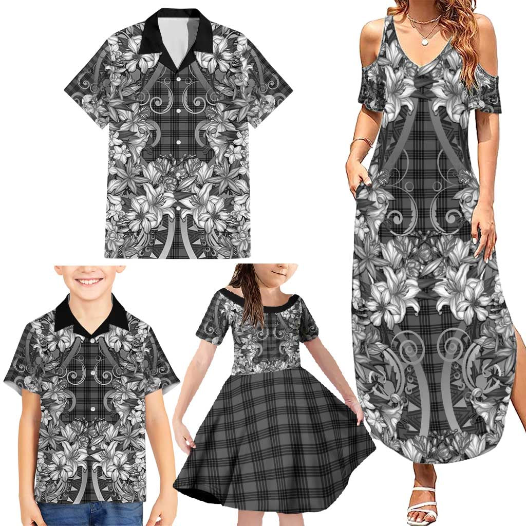 Hawaii Palaka Family Matching Summer Maxi Dress and Hawaiian Shirt Black Tribal Pattern With Tropical Flowers - Polynesian Pride