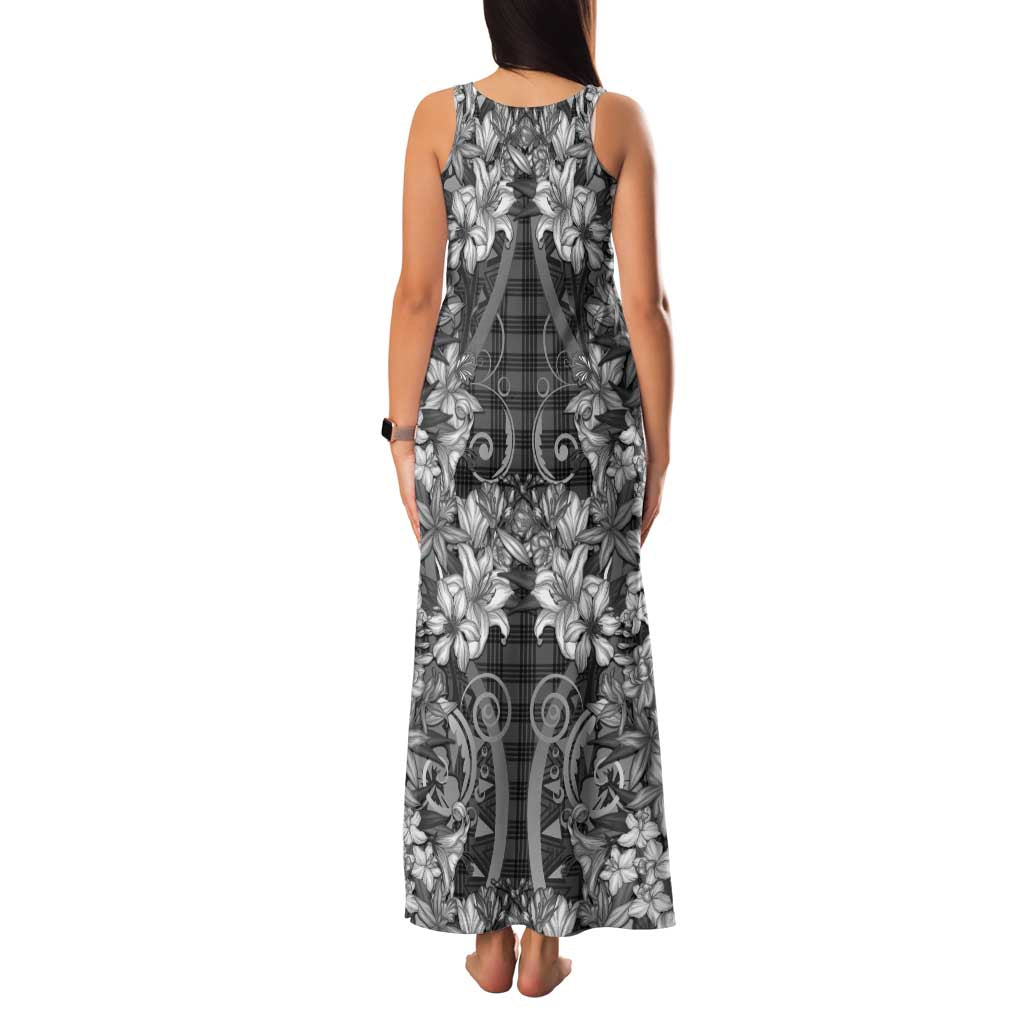 Hawaii Palaka Family Matching Tank Maxi Dress and Hawaiian Shirt Black Tribal Pattern With Tropical Flowers - Polynesian Pride
