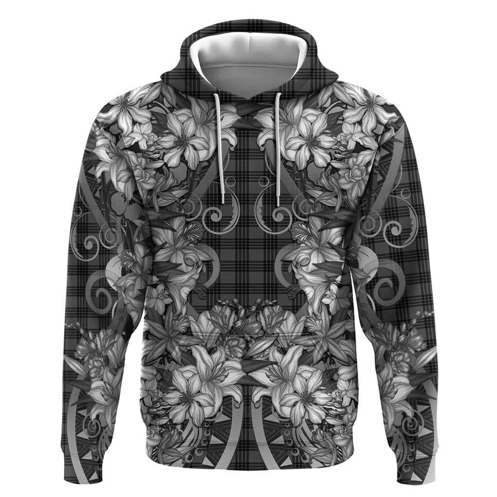 Hawaii Palaka Hoodie Black Tribal Pattern With Tropical Flowers - Polynesian Pride