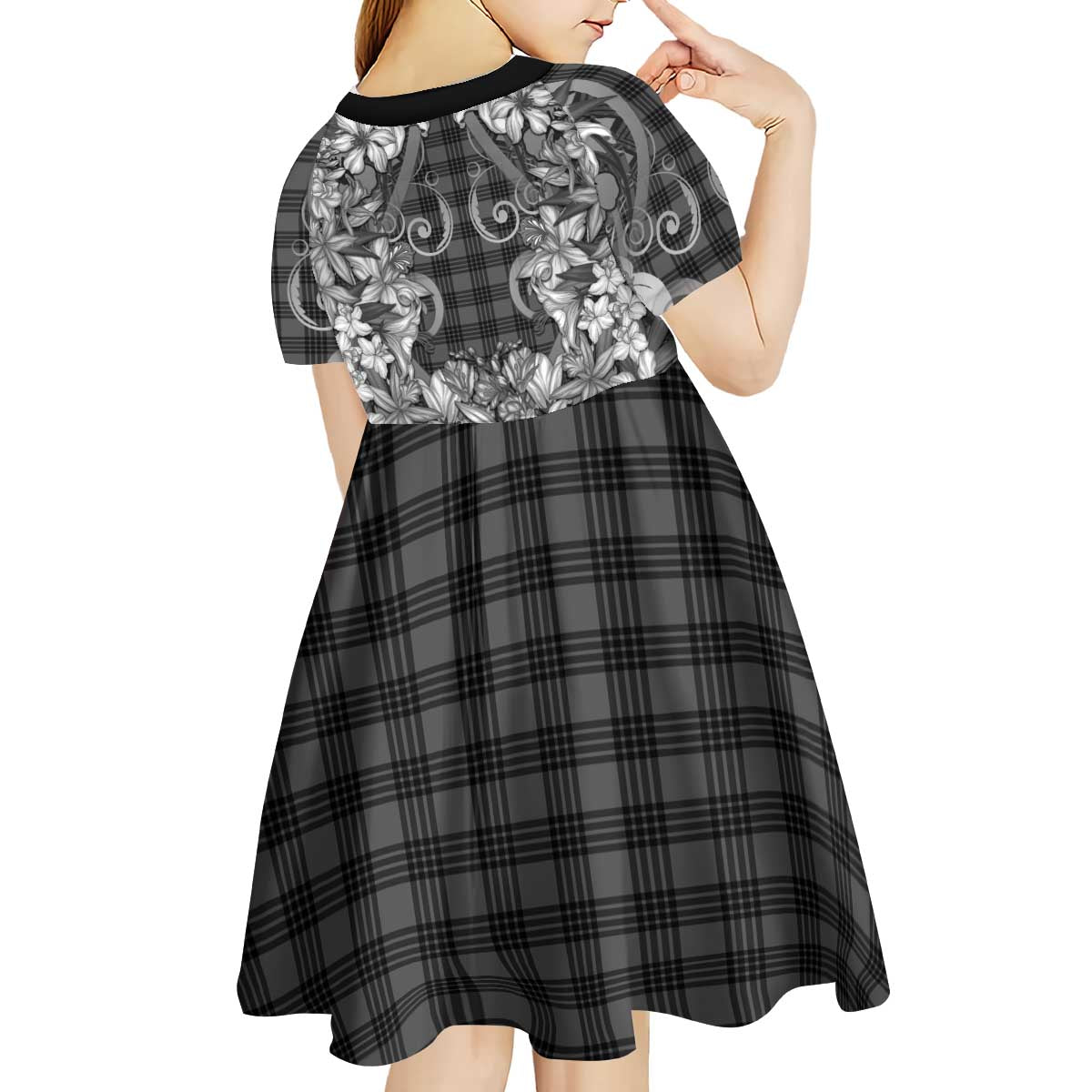 Hawaii Palaka Kid Short Sleeve Dress Black Tribal Pattern With Tropical Flowers - Polynesian Pride