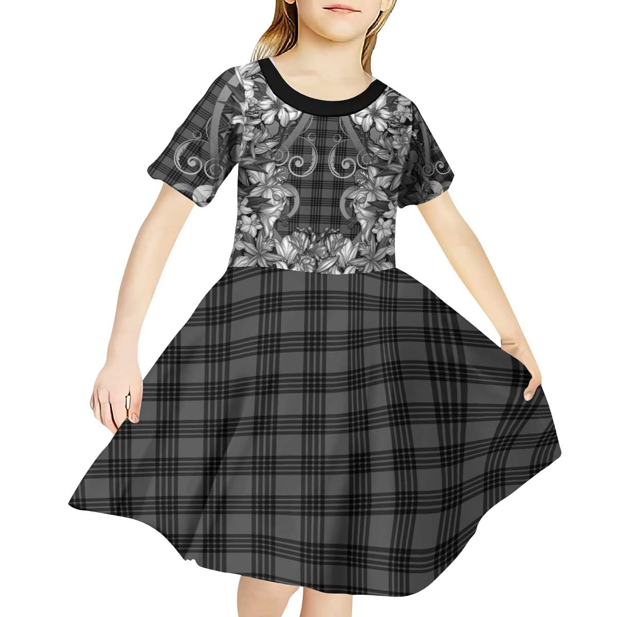 Hawaii Palaka Kid Short Sleeve Dress Black Tribal Pattern With Tropical Flowers - Polynesian Pride