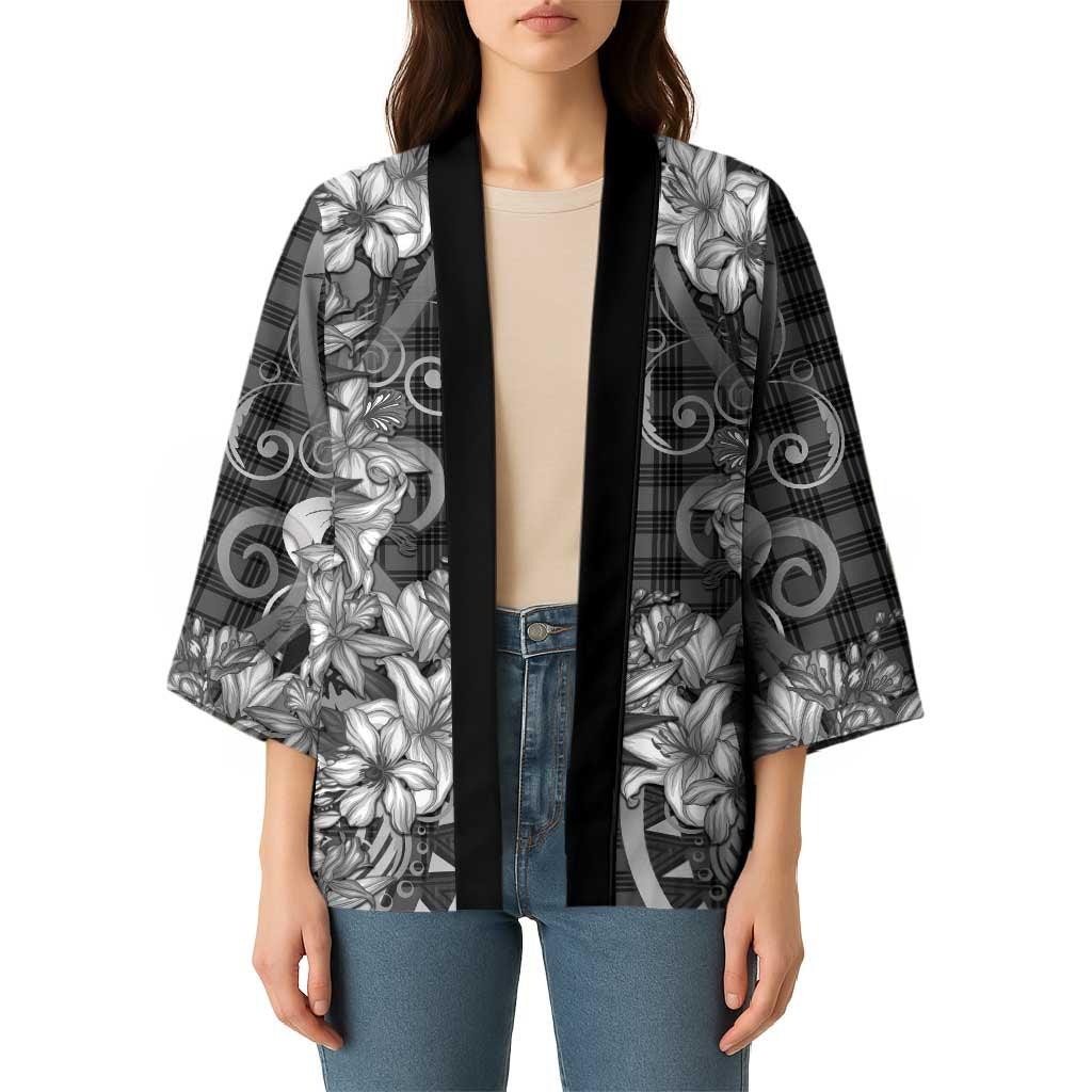 Hawaii Palaka Kimono Black Tribal Pattern With Tropical Flowers - Polynesian Pride