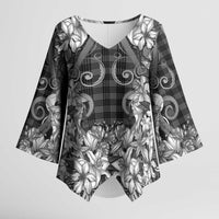 Hawaii Palaka Kimono Sleeve Blouse Black Tribal Pattern With Tropical Flowers - Polynesian Pride