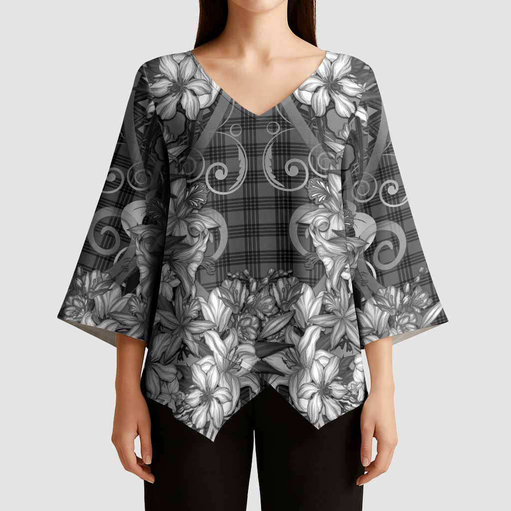 Hawaii Palaka Kimono Sleeve Blouse Black Tribal Pattern With Tropical Flowers - Polynesian Pride
