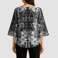 Hawaii Palaka Kimono Sleeve Blouse Black Tribal Pattern With Tropical Flowers - Polynesian Pride
