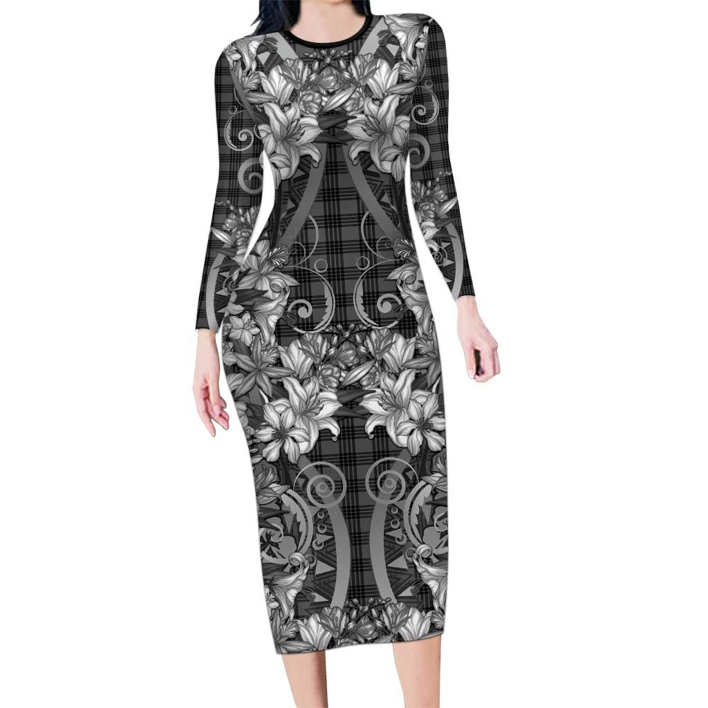 Hawaii Palaka Long Sleeve Bodycon Dress Black Tribal Pattern With Tropical Flowers - Polynesian Pride