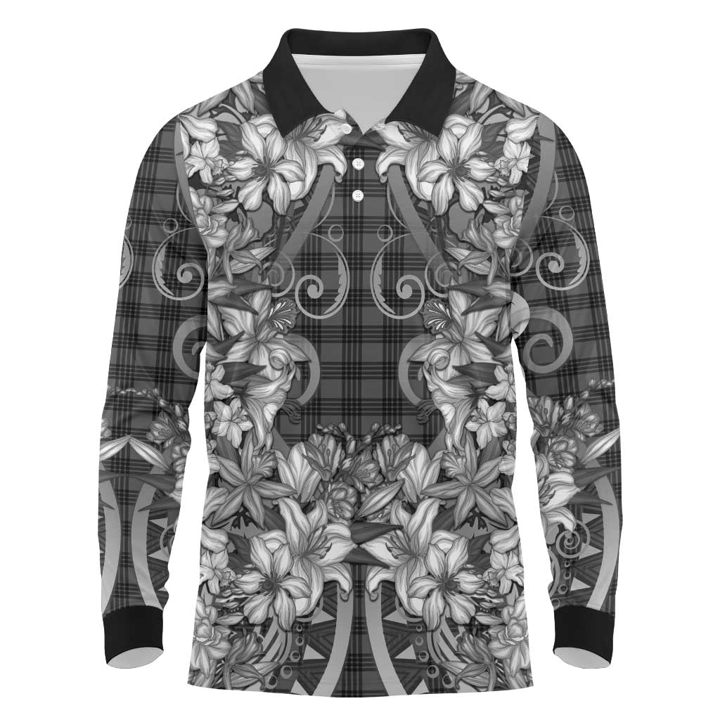 Hawaii Palaka Long Sleeve Polo Shirt Black Tribal Pattern With Tropical Flowers - Polynesian Pride