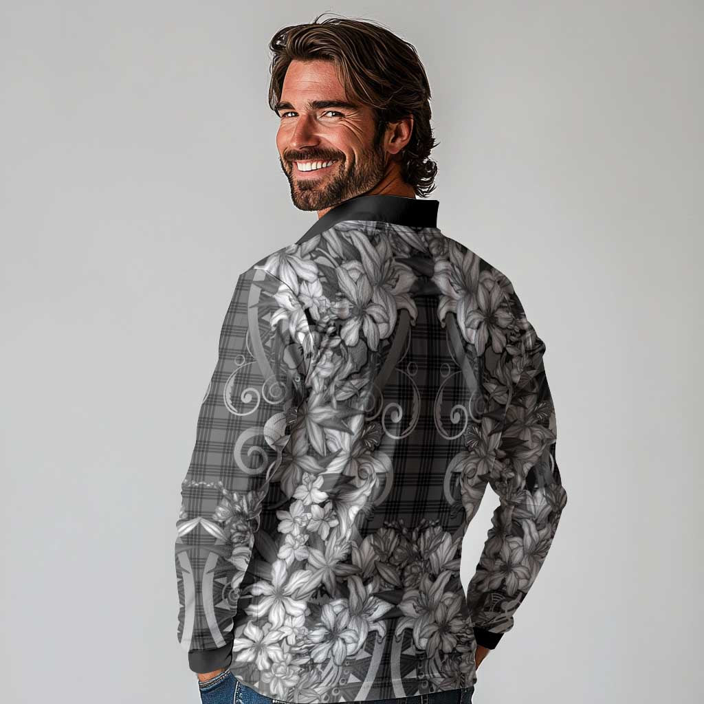 Hawaii Palaka Long Sleeve Polo Shirt Black Tribal Pattern With Tropical Flowers - Polynesian Pride