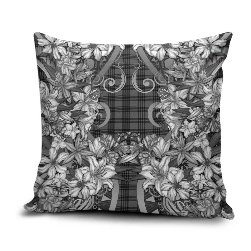 Hawaii Palaka Pillow Cover Black Tribal Pattern With Tropical Flowers - Polynesian Pride