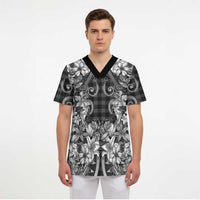 Hawaii Palaka Scrub Top Black Tribal Pattern With Tropical Flowers - Polynesian Pride