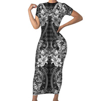 Hawaii Palaka Short Sleeve Bodycon Dress Black Tribal Pattern With Tropical Flowers - Polynesian Pride