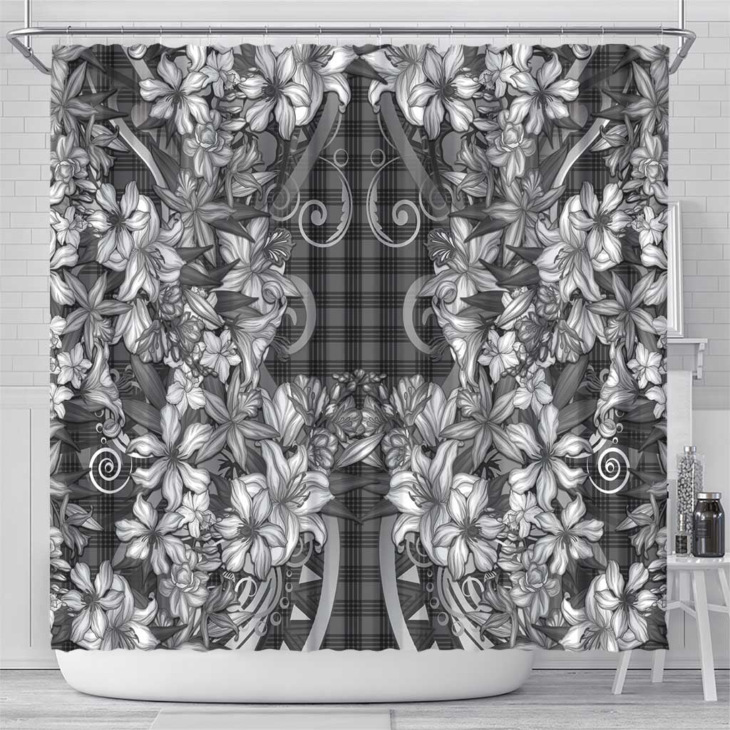 Hawaii Palaka Shower Curtain Black Tribal Pattern With Tropical Flowers - Polynesian Pride