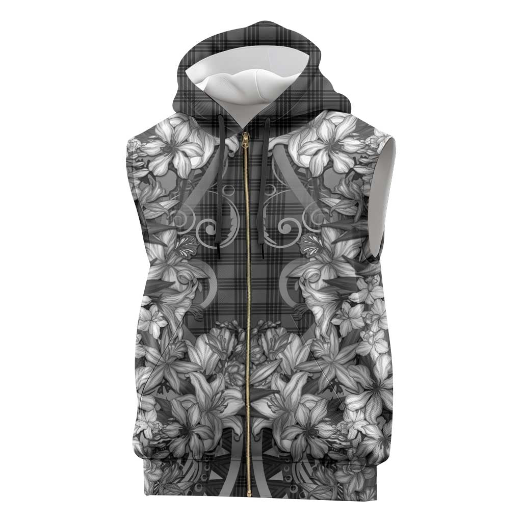 Hawaii Palaka Sleeveless Zip Hoodie Black Tribal Pattern With Tropical Flowers - Polynesian Pride