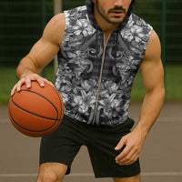 Hawaii Palaka Sleeveless Zip Hoodie Black Tribal Pattern With Tropical Flowers - Polynesian Pride