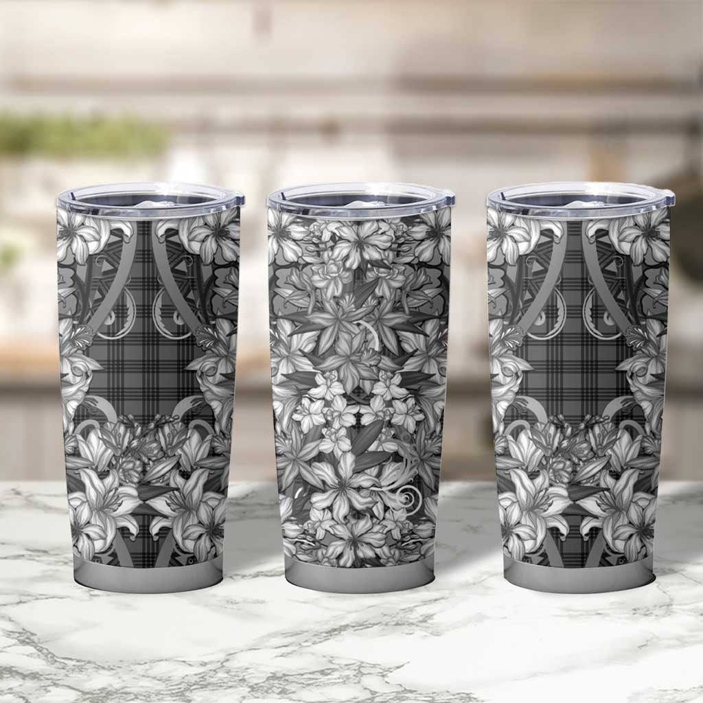 Hawaii Palaka Tumbler Cup Black Tribal Pattern With Tropical Flowers - Polynesian Pride