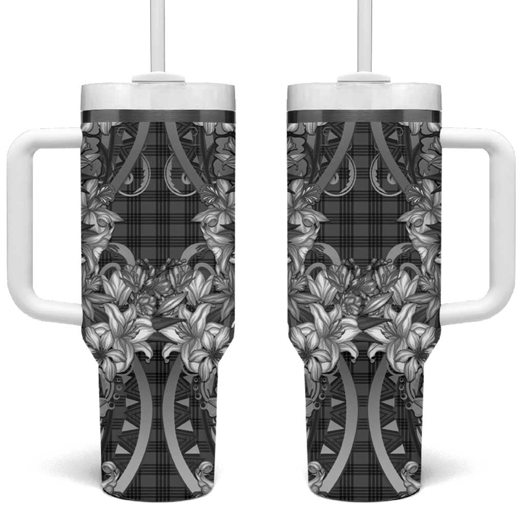 Hawaii Palaka Tumbler With Handle Black Tribal Pattern With Tropical Flowers - Polynesian Pride